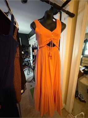 Orange Sleeveless Maxi Dress with Front Tie